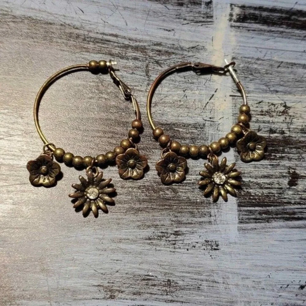 Lucky Brand‎ Antique Bronze Floral Beaded Earrings Rhinestone Sunflower Charms